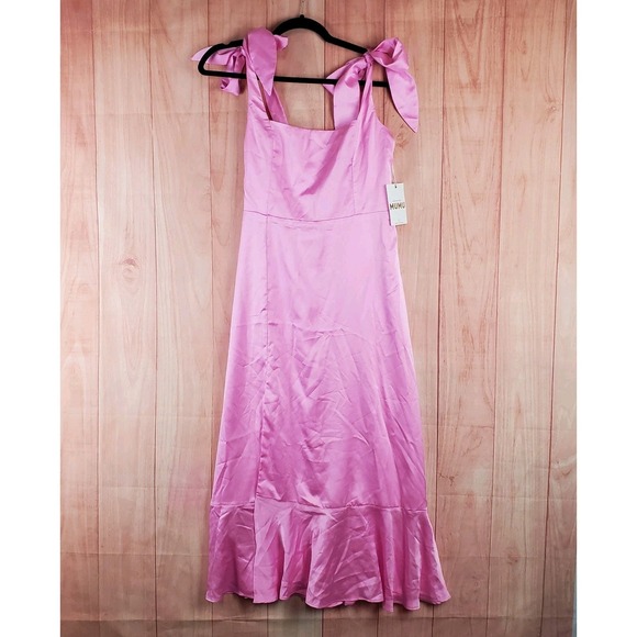 Show Me Your MuMu Dresses & Skirts - Show Me Your Mumu Midi A Line Dress Womens Medium Pink Satin Smocked Side Slit